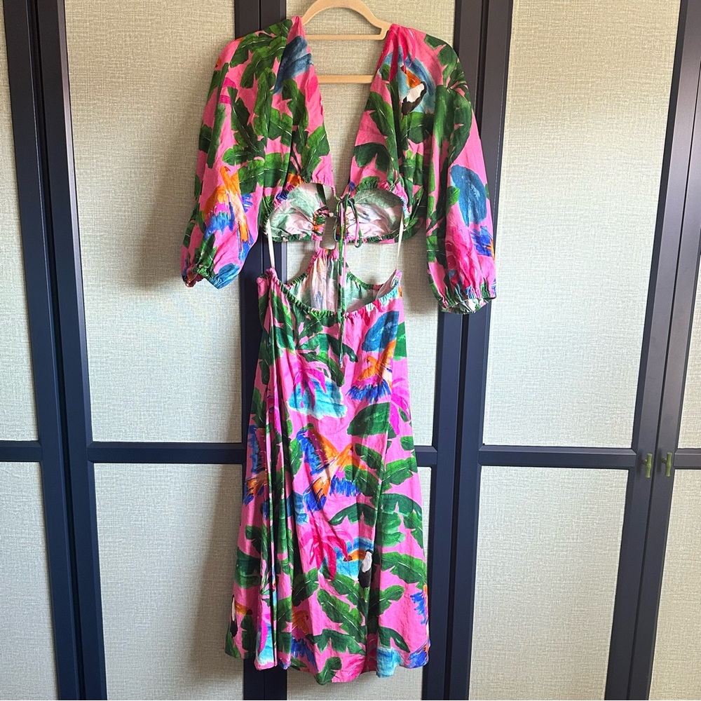 FARM Rio x Anthropologie Tropical Print V-Neck Cutout Midi Dress, NWT, Size M - Picture 5 of 6